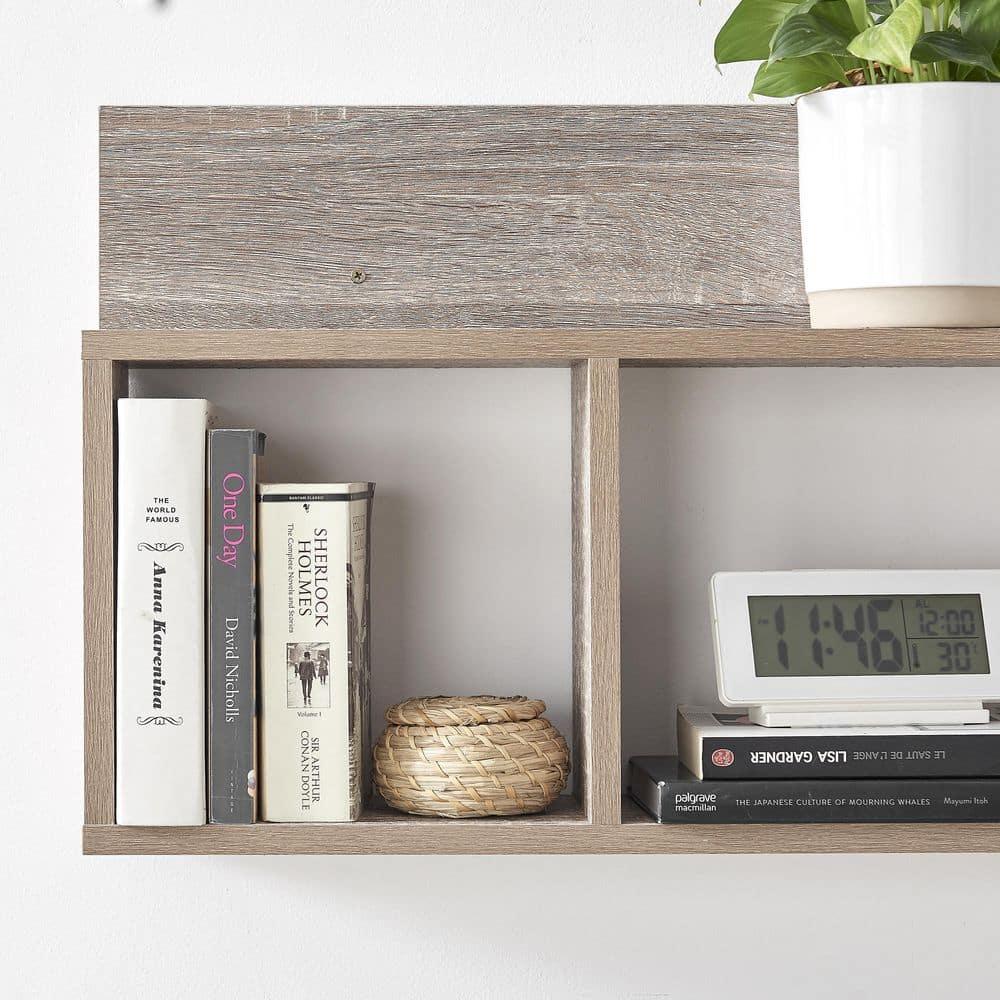Danya B. 31.5" x 15.7" Modern 3 Cube Floating Wall Shelf with Display Ledge Weathered Oak: Laminated MDF, Iron Hardware