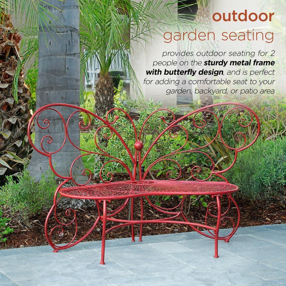 Butterfly Metal Bench Red - Alpine Corporation: Durable Garden Seating, Weather-Resistant Iron Construction