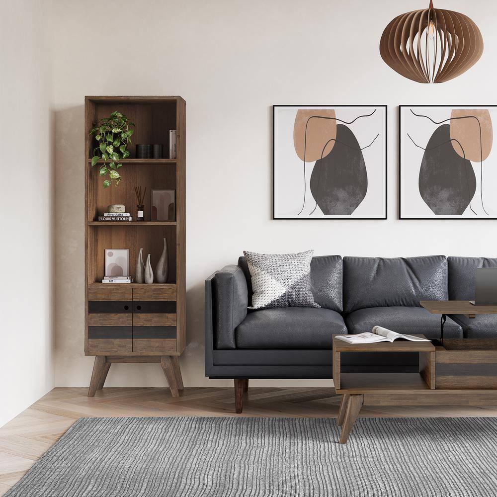 Simpli Home 22"W Solid Acacia 3 Shelf Contemporary Bookcase with Hidden Storage and Adjustable Shelves