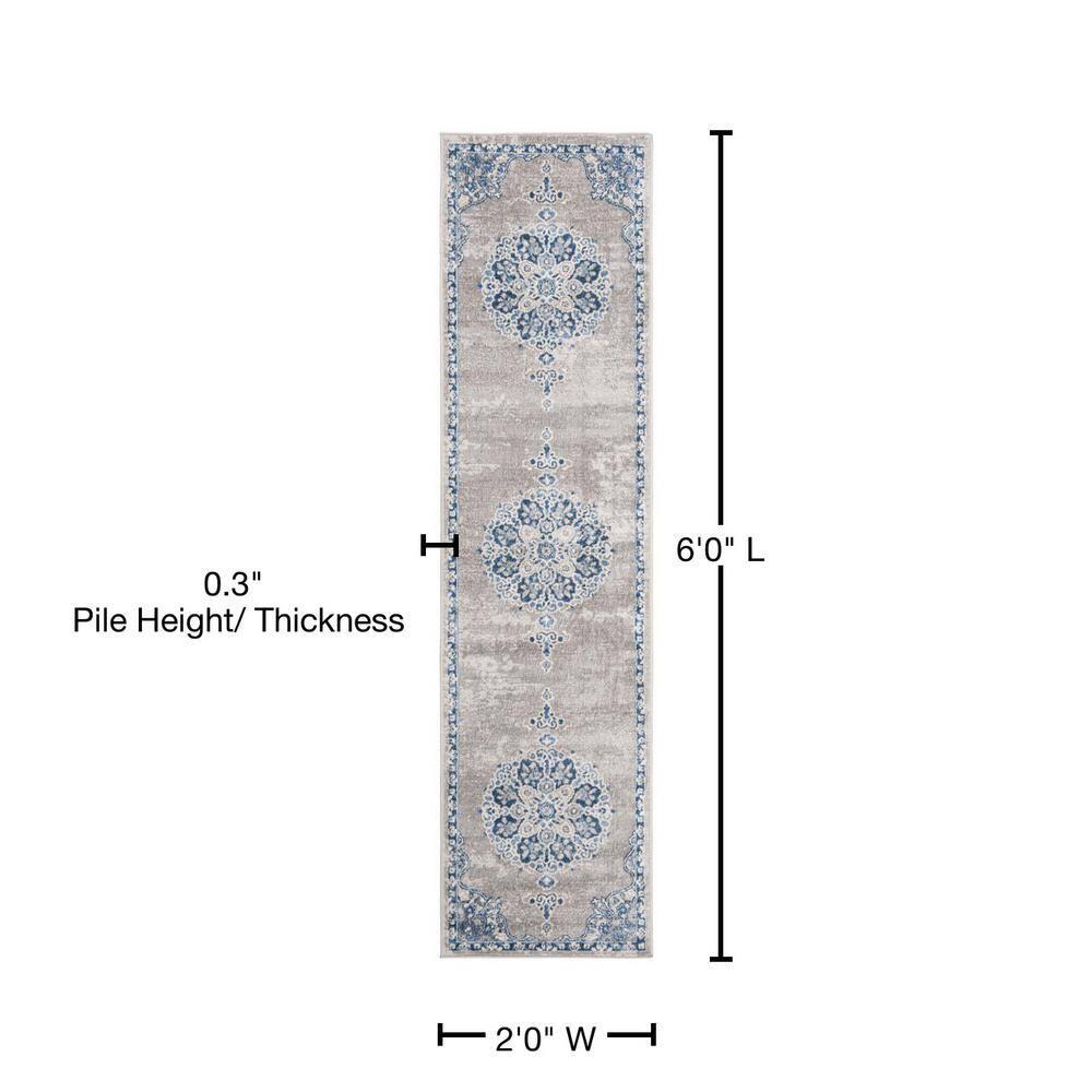 SAFAVIEH Brentwood Harland Floral Bordered Runner Rug, 2' x 6', Light Grey/Blue