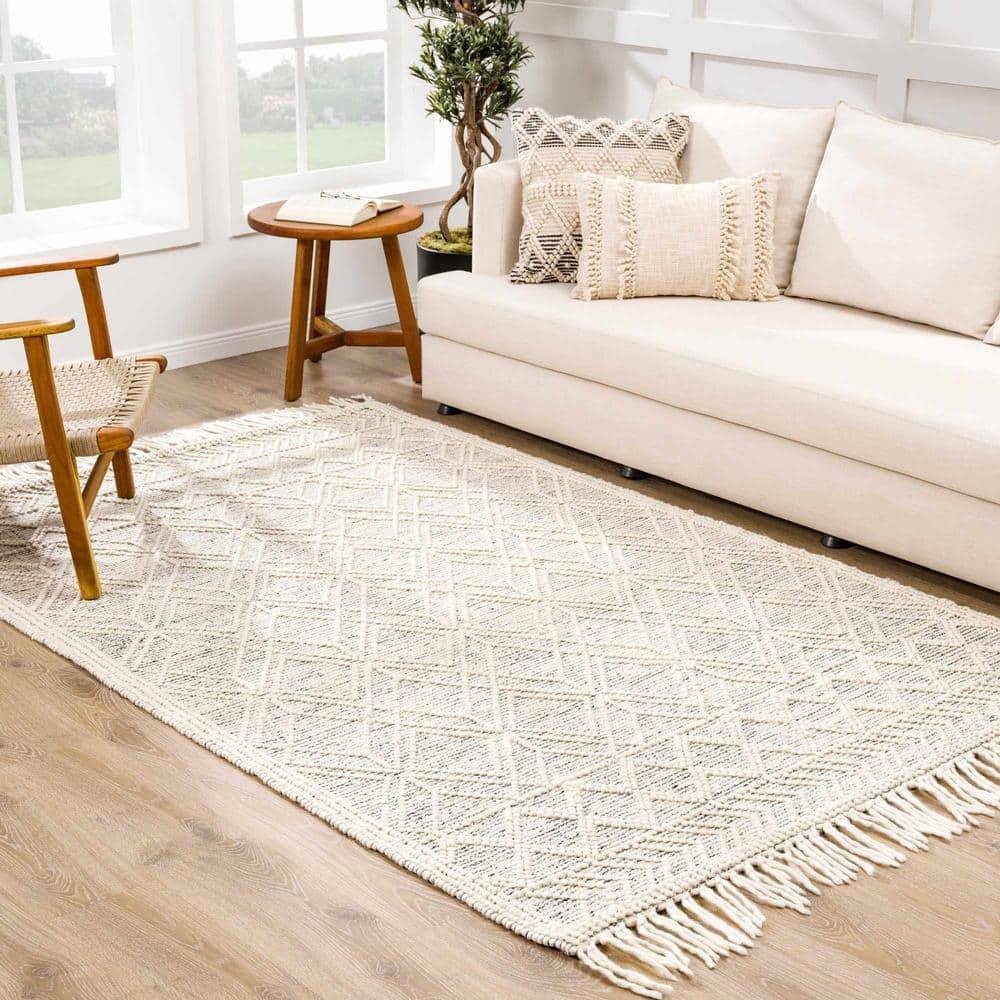 Hauteloom Ramsbury Boho Hand Woven Wool High Low Textured Area Rug - Farmhouse Moroccan Trellis Carpet for Living Room, Nursery - Handmade Zig Zag Bubble Weave - Beige, Grey, Light Brown - 12' x 15'