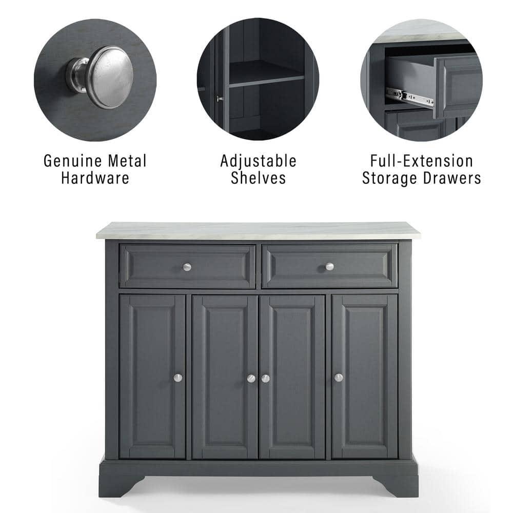 One Allium Way® Kitchen Island With Storage Shelves, Microwave Stand, Coffee Bar, Gray - Birch Veneer, Marble Finish, 2 Drawers & 3 Cabinets, Brushed Nickel Hardware