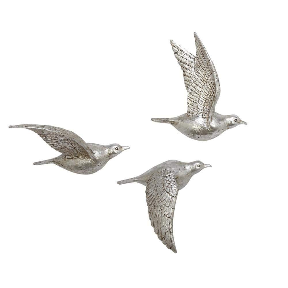 DecMode Silver Polystone Metallic 3D Sculpted Bird Wall Decor (3 Count)