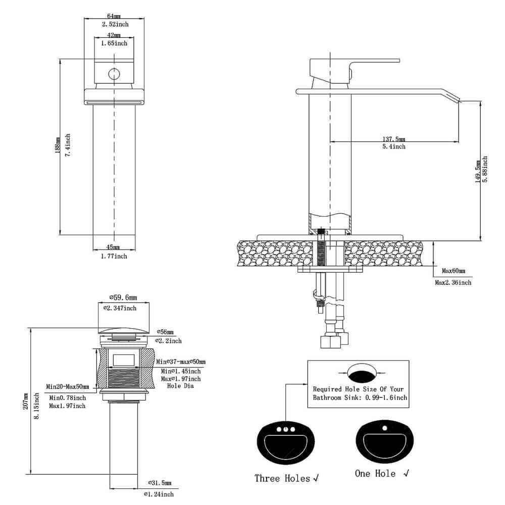 BWE Waterfall Single Hole Single-Handle Low-Arc Bathroom Faucet With Pop-up Drain Assembly