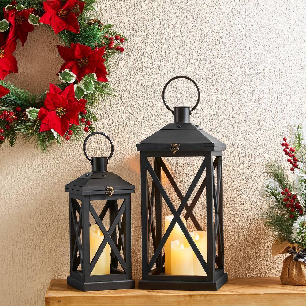 Glitzhome Modern Farmhouse Wooden Lantern Hanging Decorative Candle Lantern for Outdoor & Indoor Black Set of 2 (No Glass)
