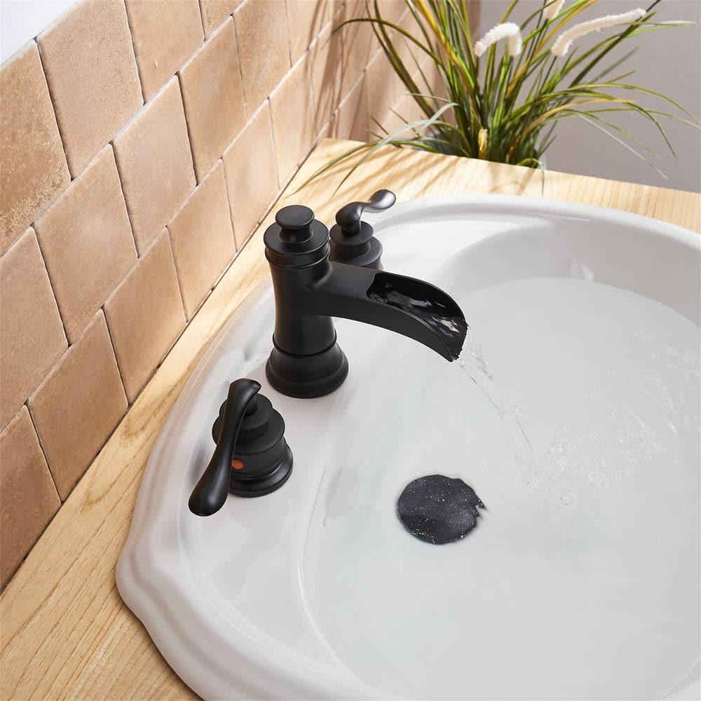 Black Bathroom Faucet Widespread Bathroom Faucets for Sink 3 Hole Matte Black 8 Inch Two Handle Matching Pop Up Drain Stopper Waterfall Farmhouse Lavatory Water Supply Line by Bathfinesse