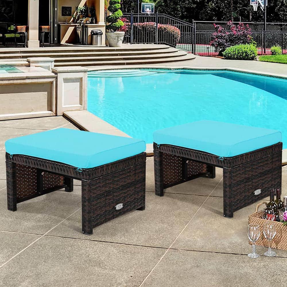 Tangkula 2 PCS Outdoor Wicker Ottoman Patio Rattan Furniture Metal Footrest Seat Square Footstool with Cushion Turquoise