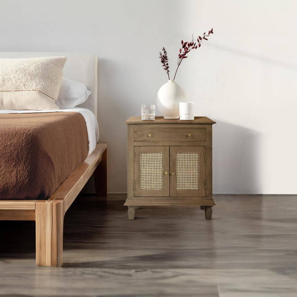 The Urban Port 30" Nightstand Table Rattan Cabinet Doors and Drawer Fronts Sandblasted Brown Mango Wood Brown