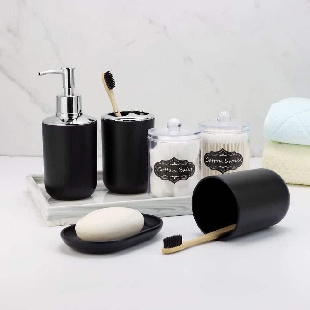 IMAVO Bathroom Accessories Set,Black Bathroom Set,9 Pieces Bathroom Accessory Set,Tray,Qtip Holders,Toilet Brush,Trash Can for Bathroom Décor and Home Gifts