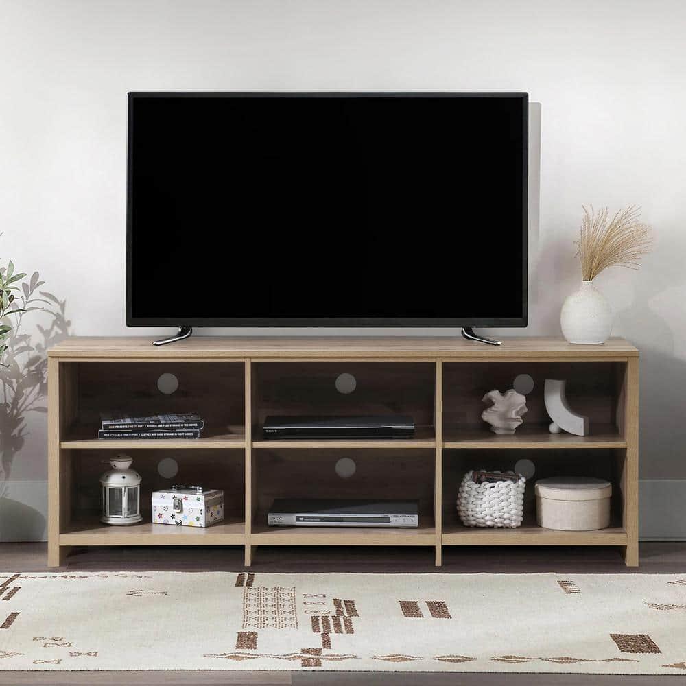 AndMakers 65 in. Modern Oak TV Stand For TVs Up To 62" With 6 Open Shelves, Modern Entertainment Center With Storage, TV Console Table