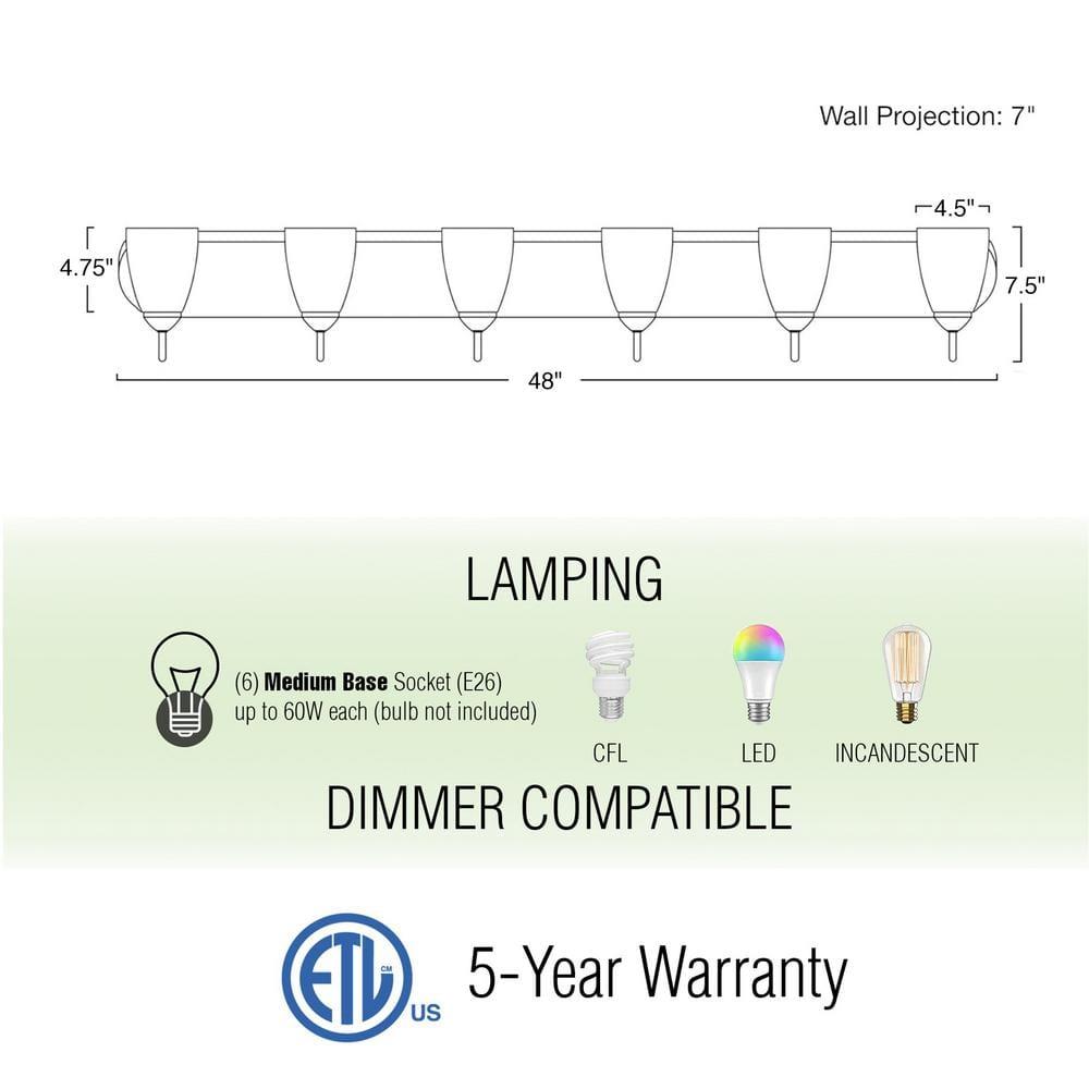 Kira Home Armada 49" 6-Light Over Mirror / Bathroom Light, Frosted Glass Shades, Curved Arms, Brushed Nickel