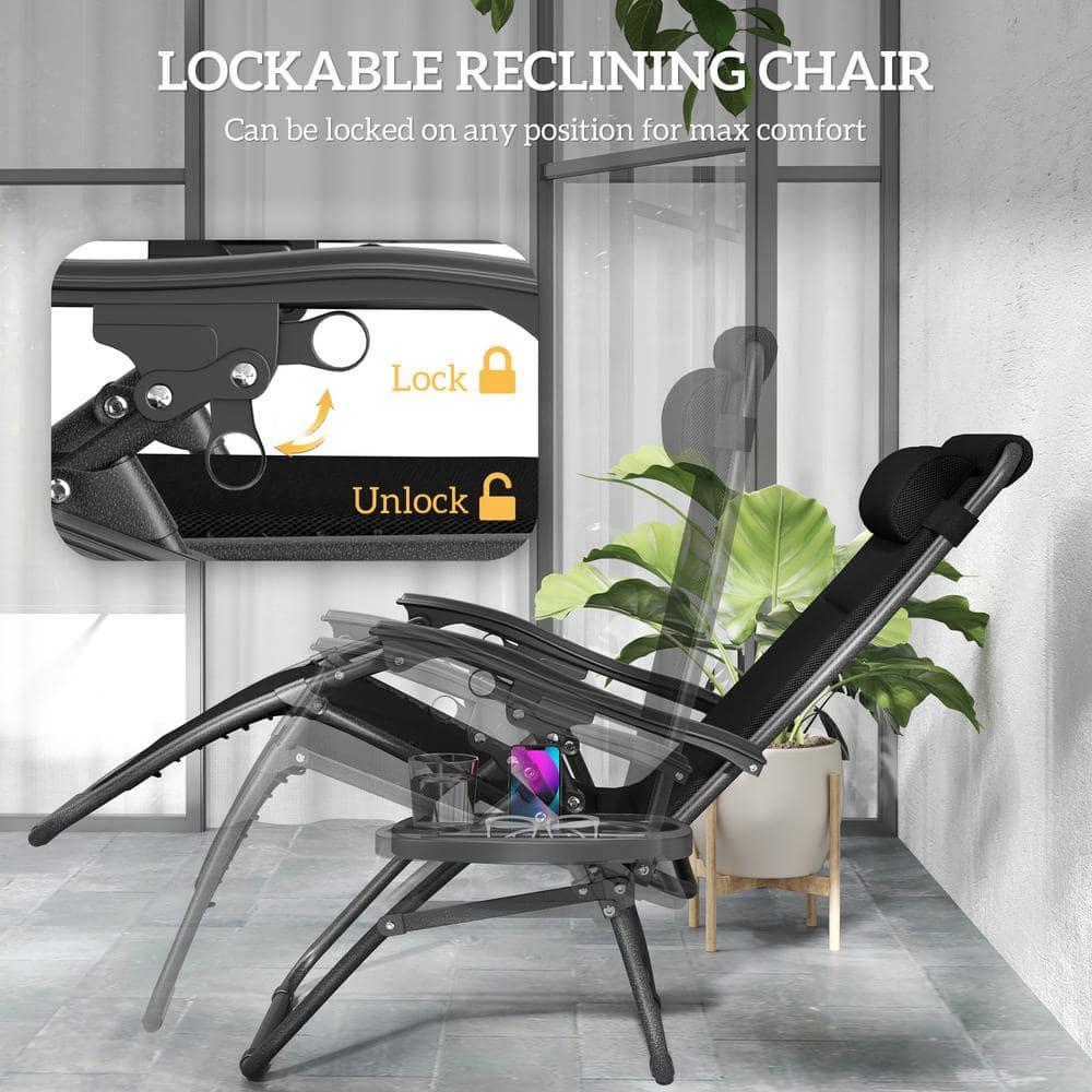 Outsunny Zero Gravity Lounge Chair Set of 2 Reclining Folding Outdoor Lounge Chairs with Cushion, Headrest, and Side Tray for Patio Beach, Black
