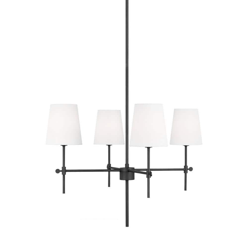 Baker 4-Light Midnight Black Hanging Chandelier With White Linen Fabric Shades