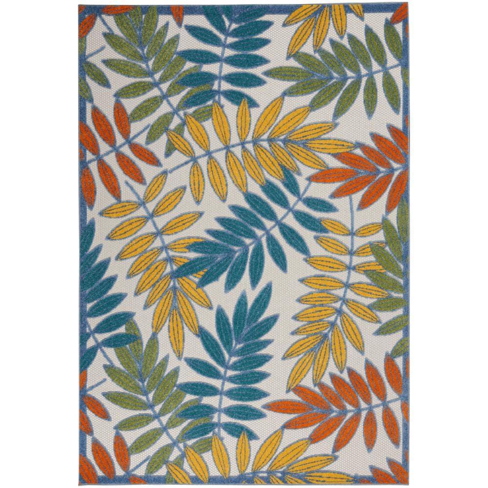 Nourison Aloha Floral Leaf Flatweave High-Low Indoor Outdoor Area Rug Ivory/Multi 5'3" x 7'5"