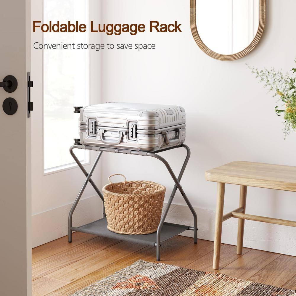 MEBROT Set Of 2, Foldable Suitcase Stands For Guest Room, Metal Luggage Holder With Storage Shelf For Bedroom, Hotel, Easy Assemble