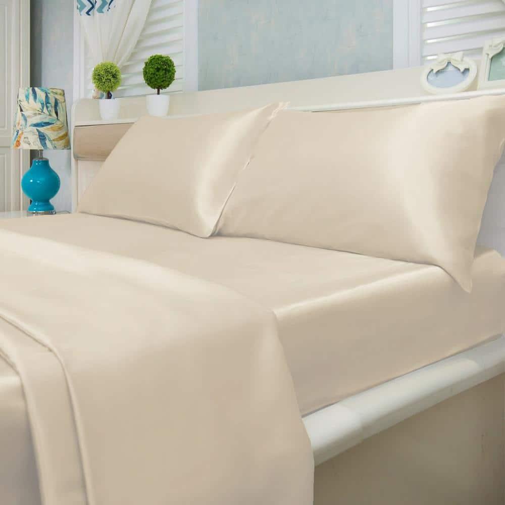 Silky Satin Bed Sheet Set 4-Piece (Ivory, Queen)