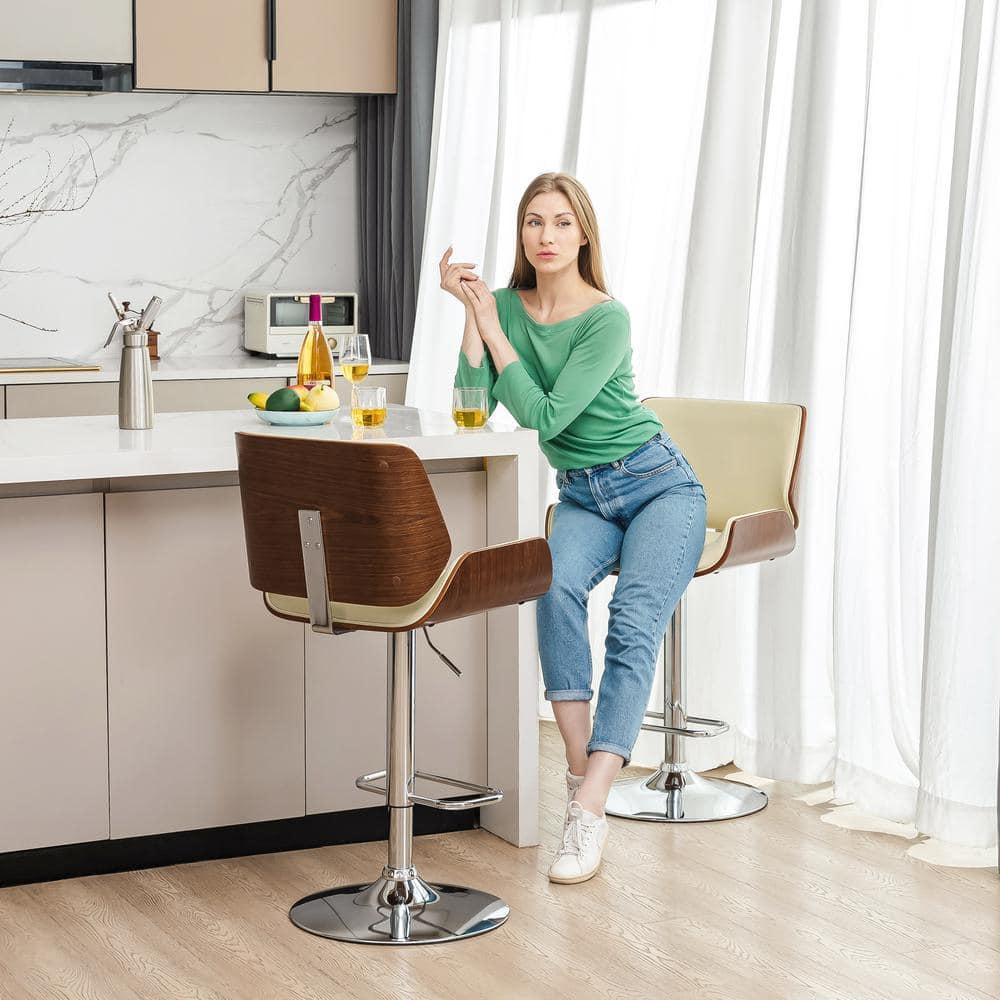 Glitzhome Set of 2 Leatherette Adjustable Height Swivel Bar Stools Chrome Plated Base Beige : Upholstered, Steel Legs, Rectangle Shape