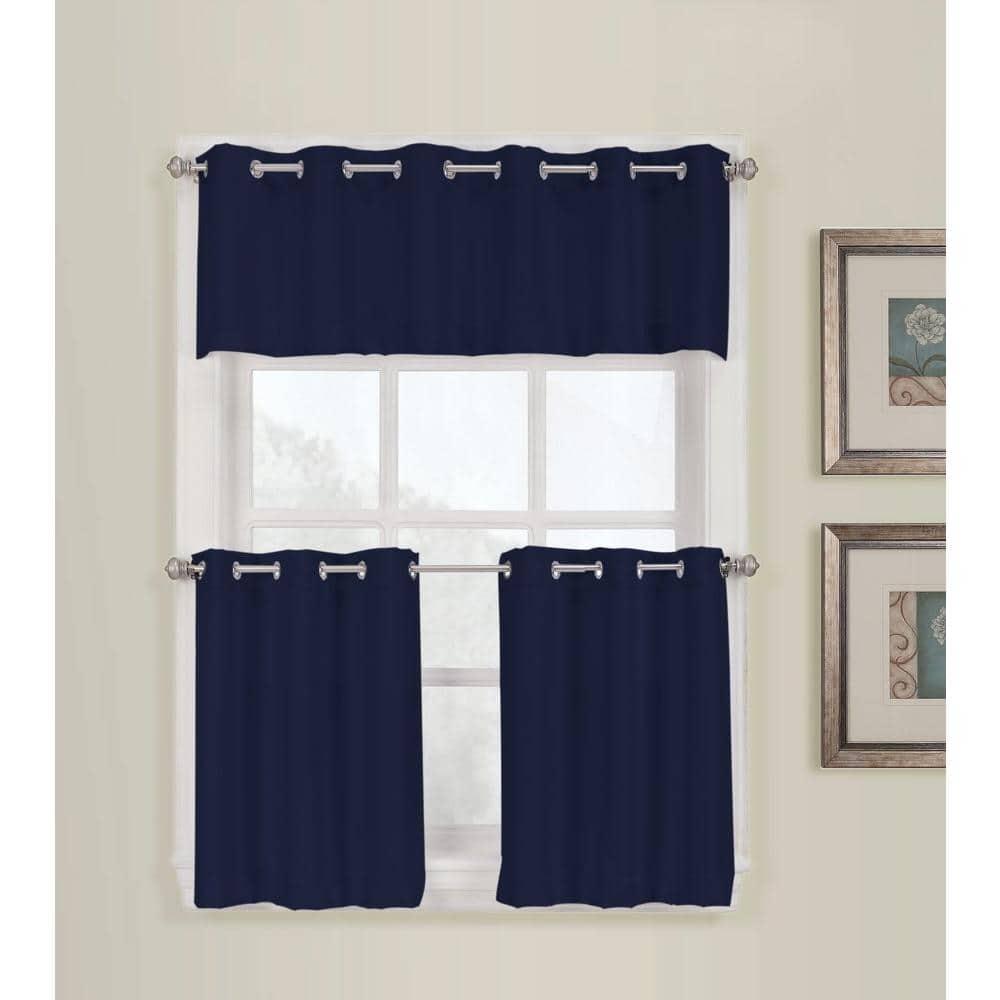 2pc 56"x36" No. 918 Semi-Sheer Montego Casual Textured Grommet Kitchen Curtain Tier Pair Navy Blue