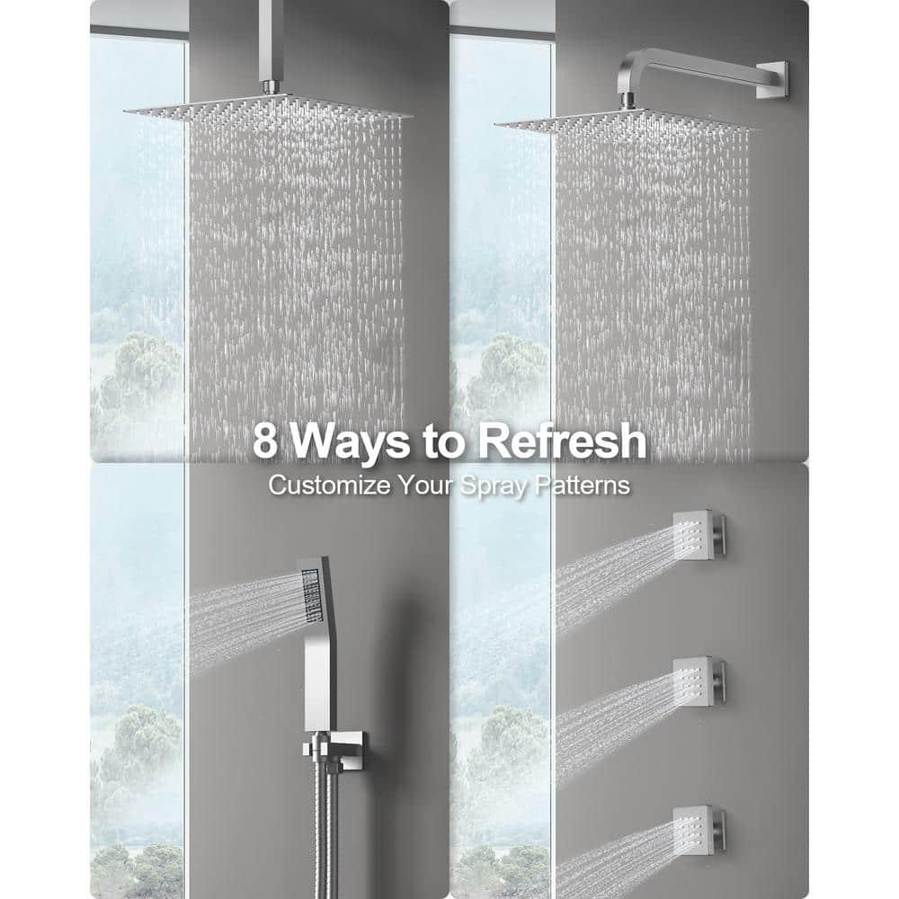 Thermostatic Dual Heads with 12" Rain Shower Faucet, Hand Shower and 3 Body Jets Matte Black