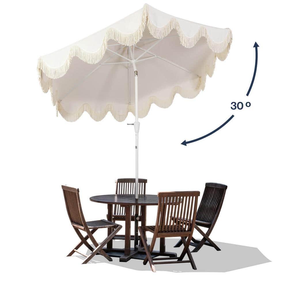 JONATHAN Y Collins 9 ft. Classic Cottage Tassel Market Patio Umbrella with Auto-Tilt, Crank, Wind Vent and UV Protection in Cream