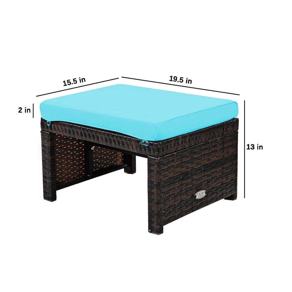 Tangkula 2 PCS Outdoor Wicker Ottoman Patio Rattan Furniture Metal Footrest Seat Square Footstool with Cushion Turquoise