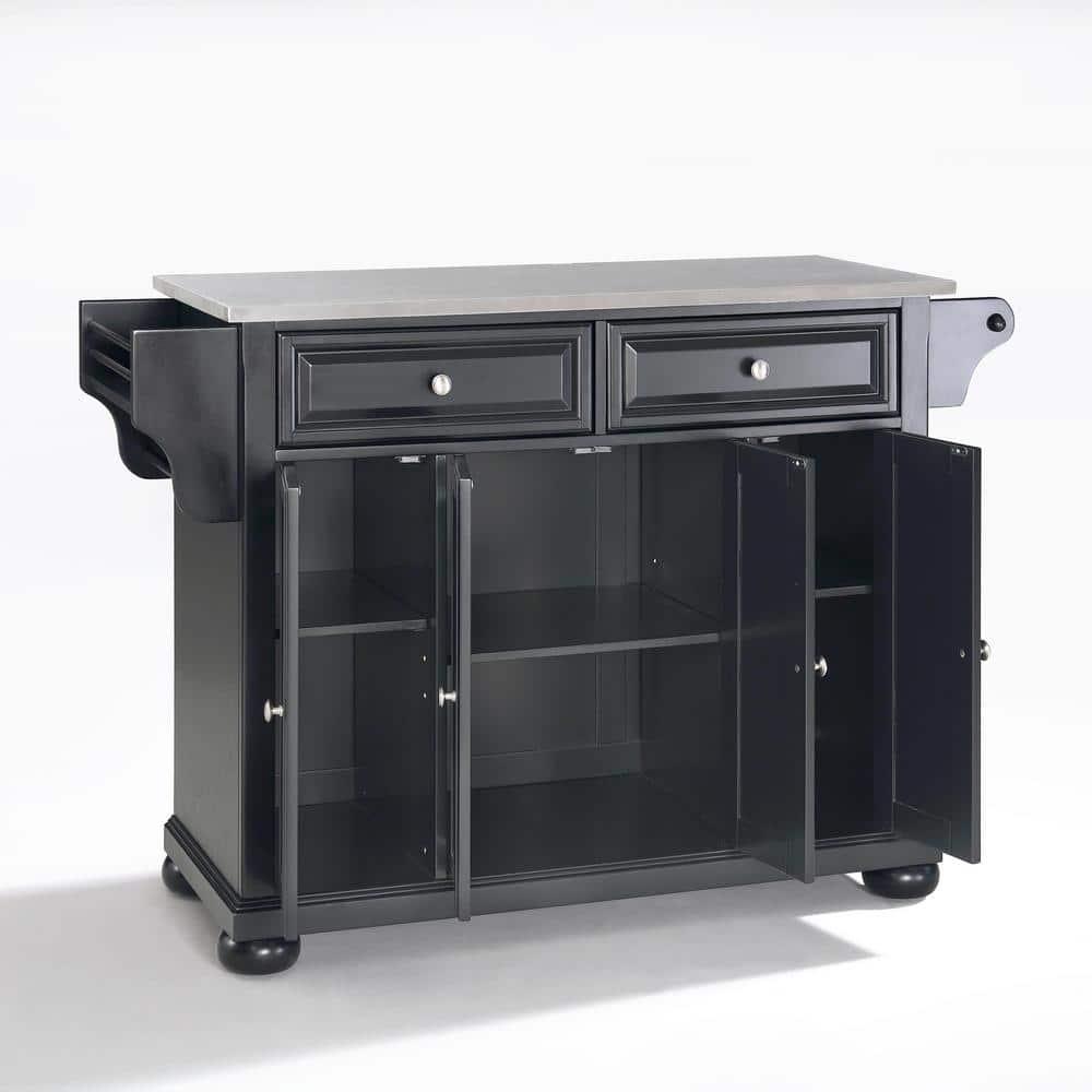 Alexandria Stainless Steel Top Kitchen Island Wood/Black - Crosley: Hardwood Frame, 6 Shelves, 2 Drawers