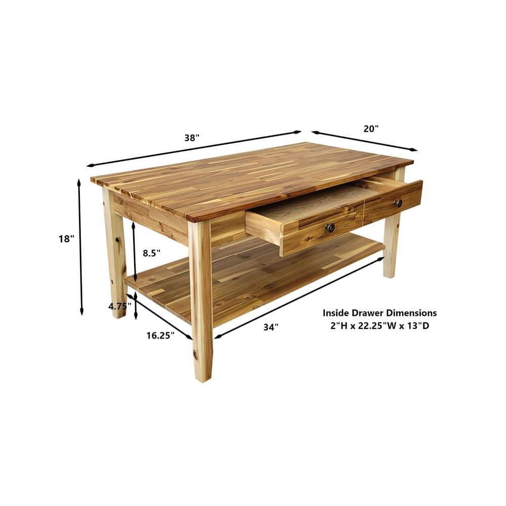 Solid Acacia Coffee Table with Drawer & Bottom Shelf Natural