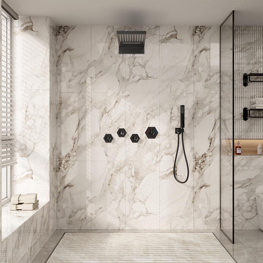 Large Matte Black Dual Shower Head System with LED and Bluetooth Speaker