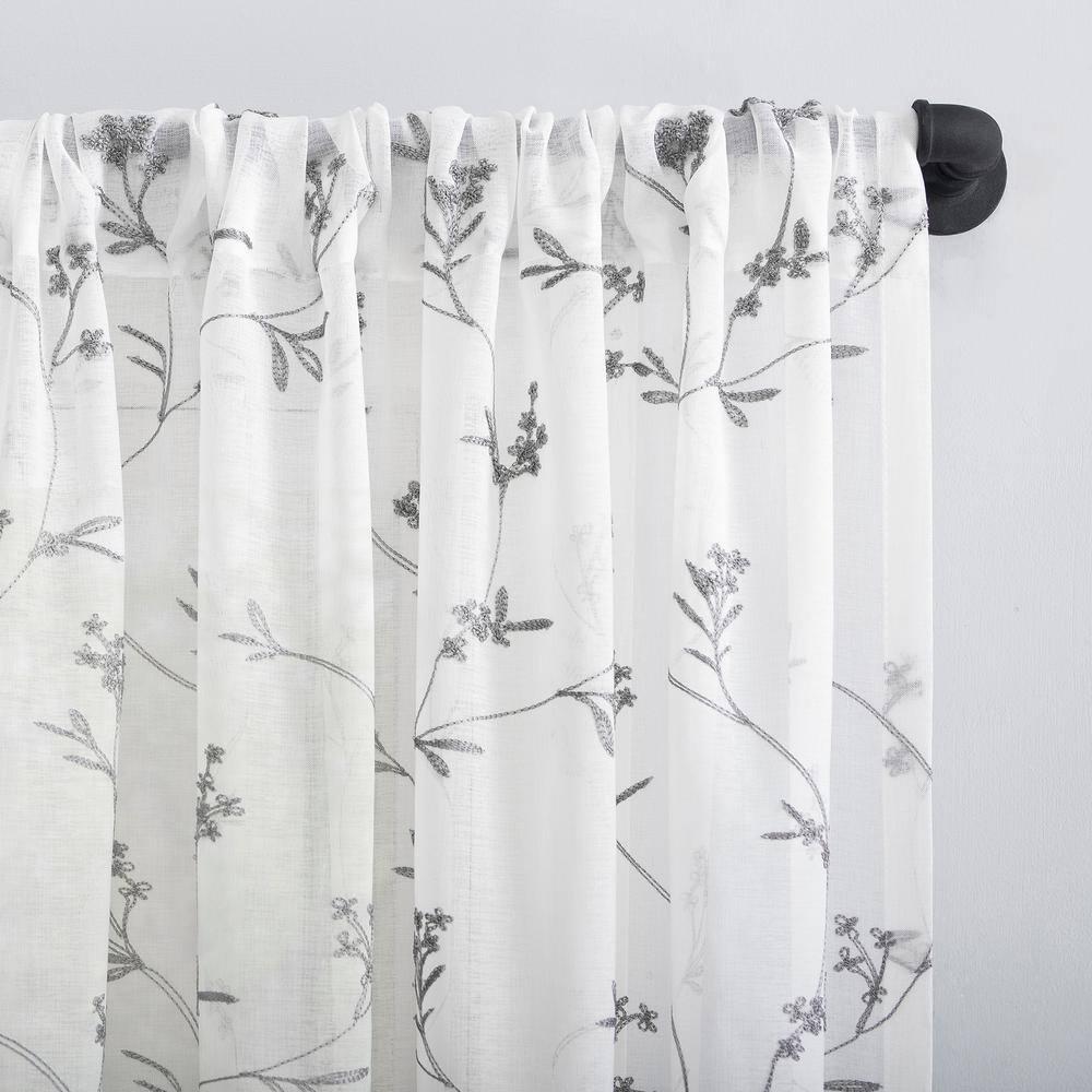 17"x50" Delia Embroidered Floral Sheer Rod Pocket Curtain Valance White/Gray - No. 918: Botanical Window Valance