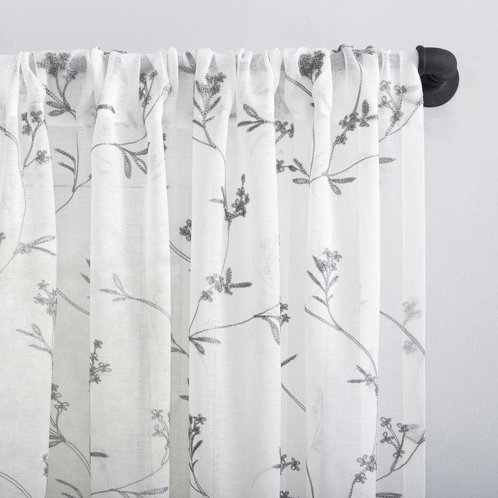 63"x50" Delia Embroidered Floral Sheer Rod Pocket Curtain Panel White - No. 918: Modern Botanical Polyester