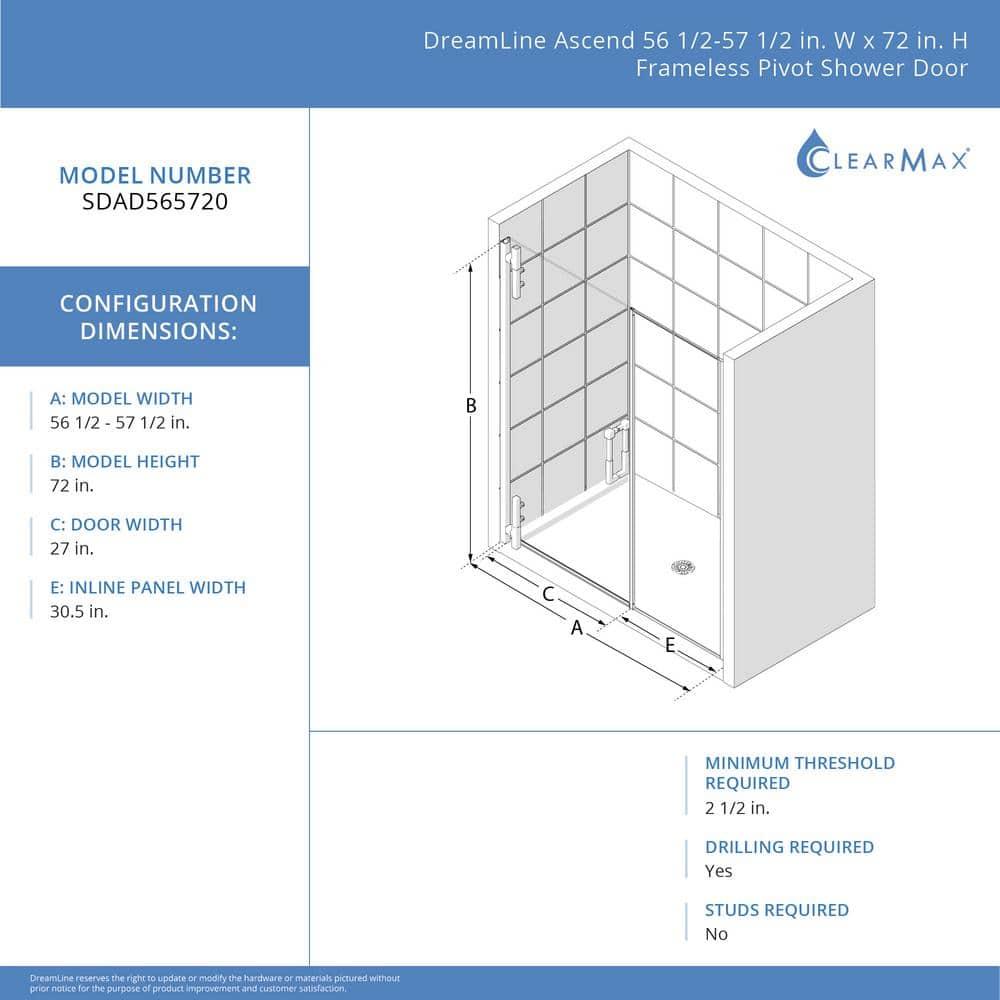 DreamLine Ascend 56-57 in. W x 72 in. H Frameless Pivot Shower Door