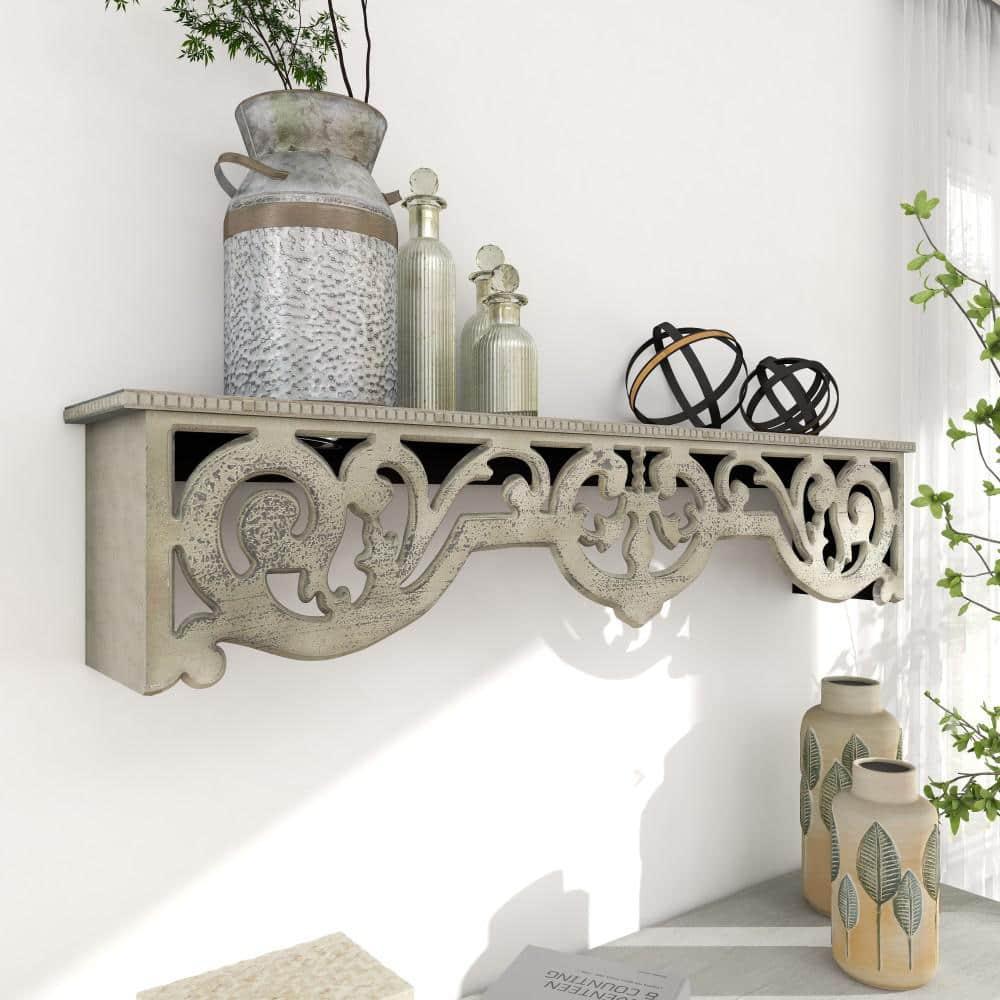 DecMode 48" x 8" 1-Tier Beige Scroll Wall Shelf with Gray Distressing