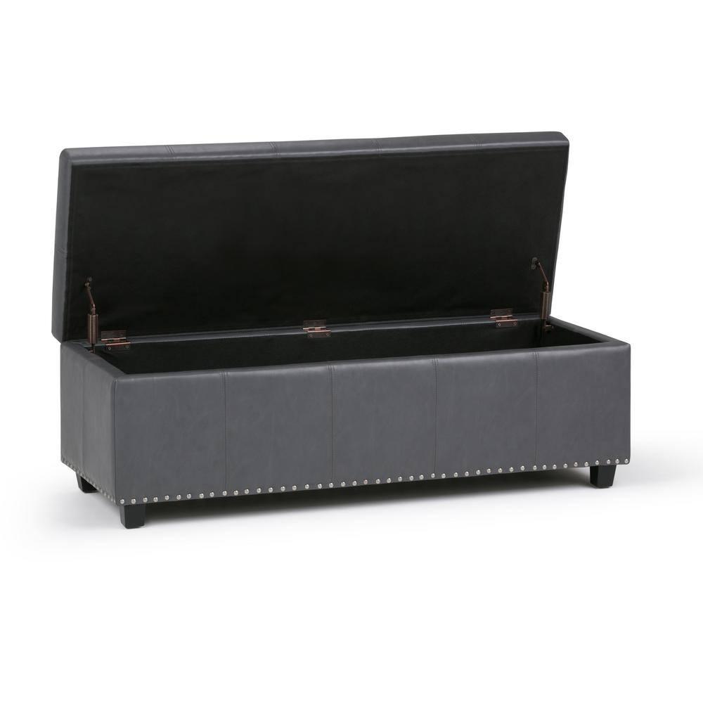 Simpli Home Kingsley 48"W Upholstered Storage Ottoman with Lift-Top Lid, Nailhead Trim, and Stitching Detail