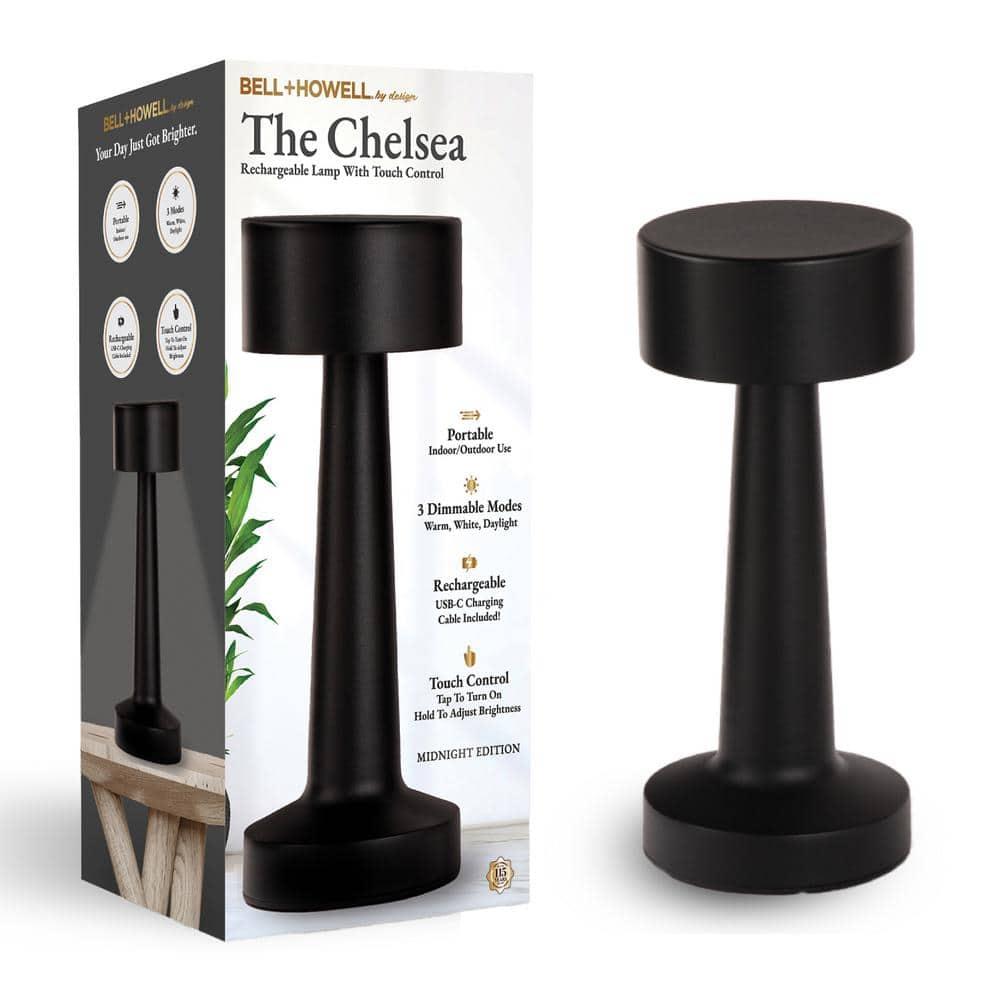 Bell + Howell Chelsea Table Lamp Small Cordless Touch LED Rechargeable Lamp for Bedside Desk Nightstand Midnight Black