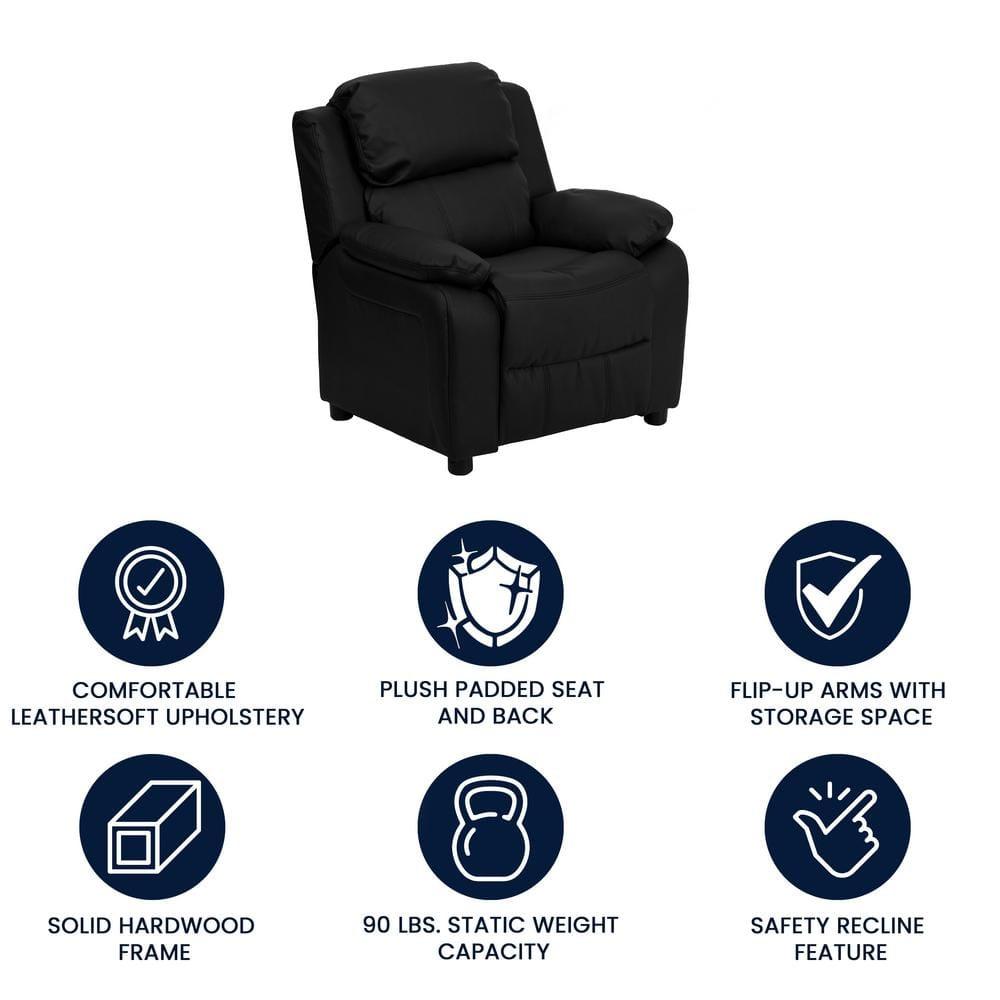 Flash Furniture Charlie Deluxe Padded Contemporary Black LeatherSoft Kids Recliner with Storage Arms