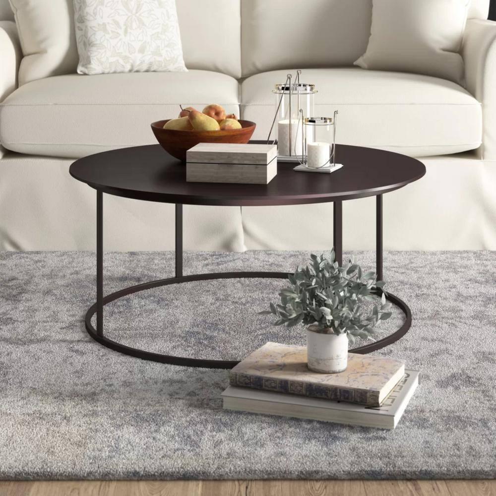 Robertson Round Metal Coffee Table Dark Brown Finish - Boraam: Mid-Century Modern, Pedestal Base, Wood & Iron