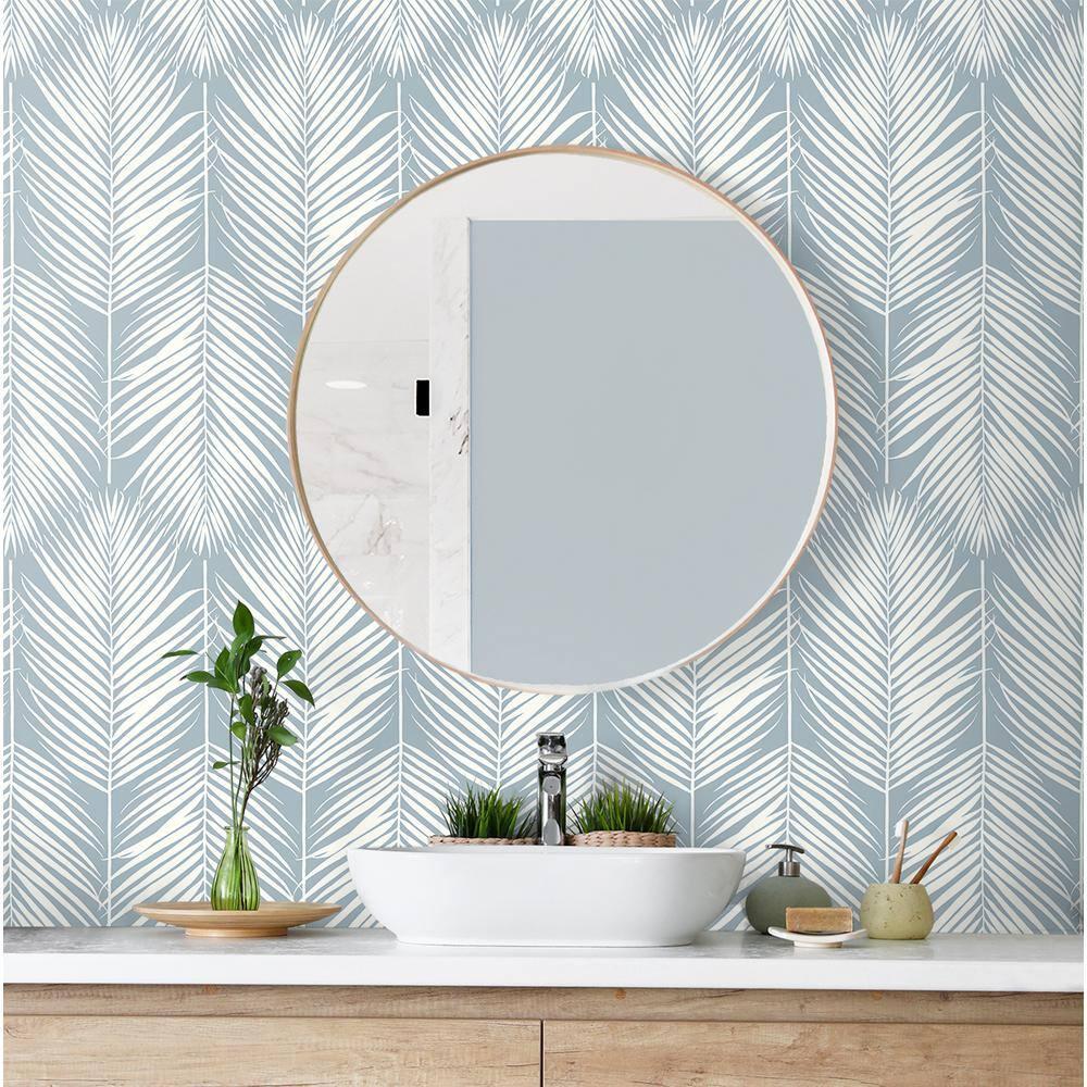Seabrook Designs Light Blue Palm Silhouette Prepasted Wallpaper
