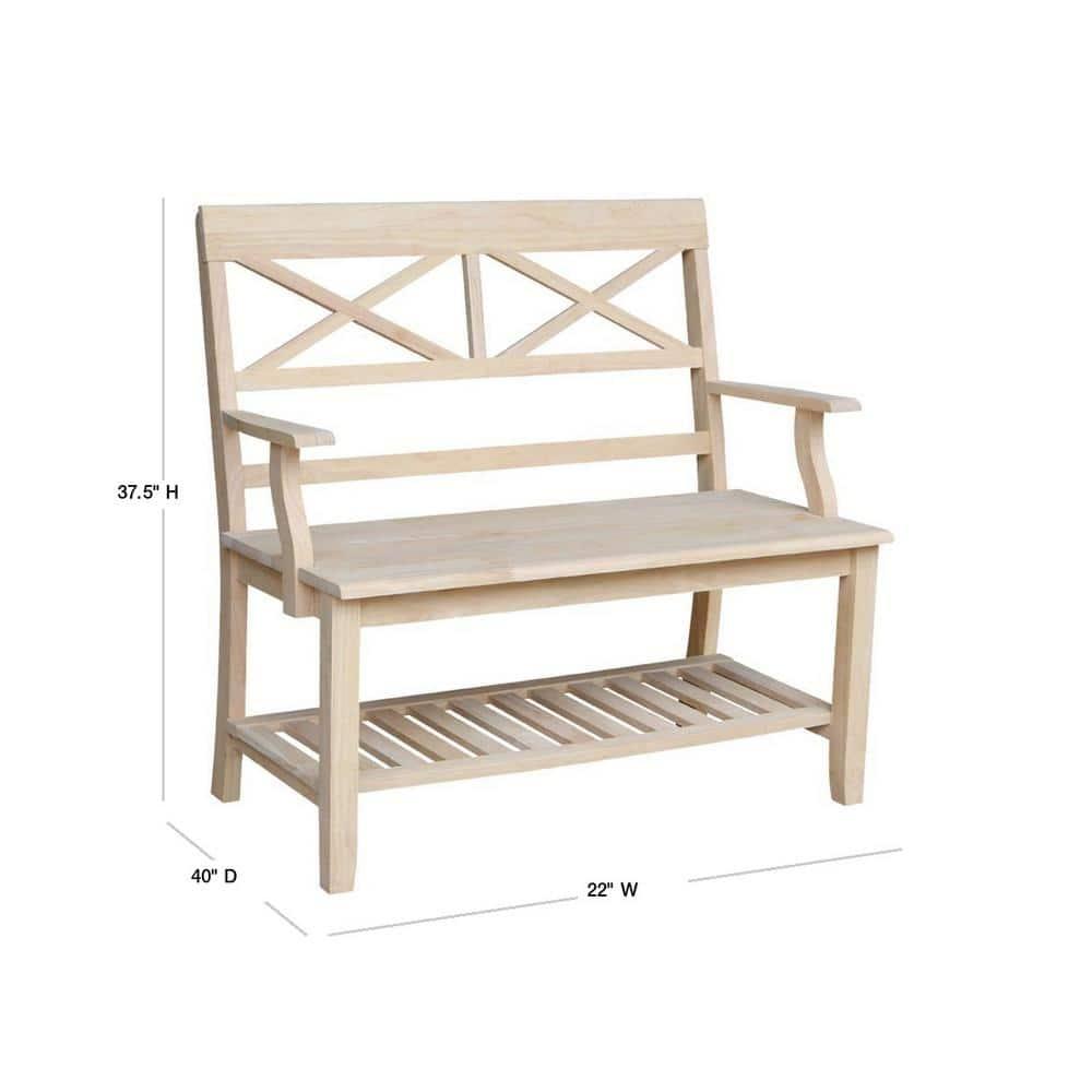 Double X-Back Bench with Arms and a Shelf - International Concepts: Hardwood Frame, Non-Upholstered, 2-Person Seating