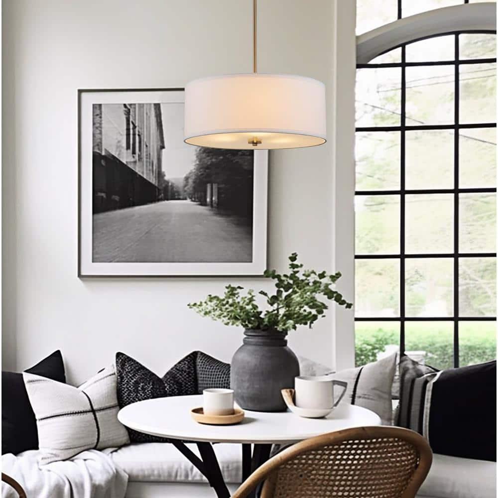 Kira Home Nolan 18" Drum Pendant Chandelier, White Fabric Shade, Round Glass Diffuser, Adjustable Height, Cool Brass