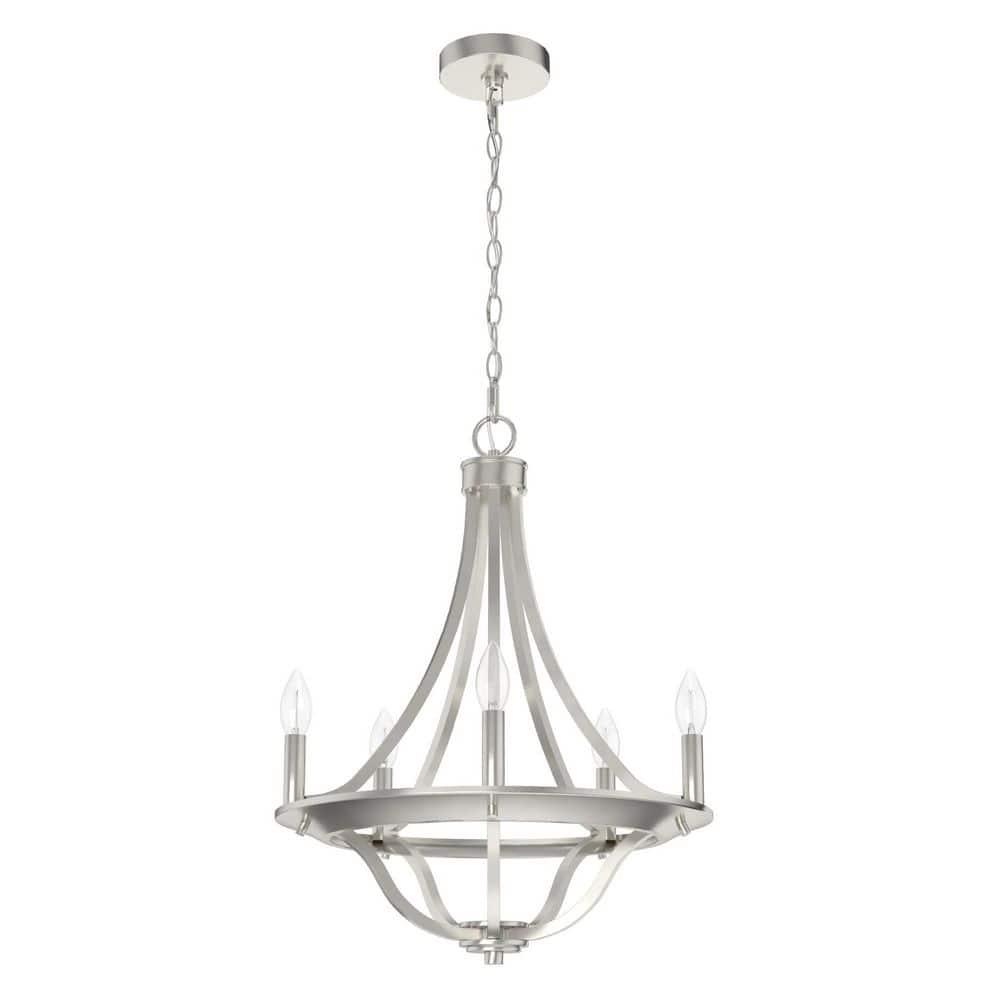Hunter - Perch Point 5-light Brushed Nickel, Medium Size Chandelier, Dimmable, Casual Style, Empire Shaped, for Bedrooms, Kitchens, Dining, Living Rooms - 19425