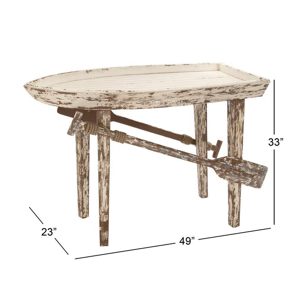 DecMode 49" x 33" White Wood Distressed Tray Top Boat Accent Table with Oar Detailed Legs, 1-Piece
