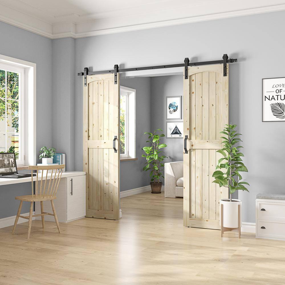 Unfinished Knotty Pine Wood Sliding Barn Door with Hardware Kit