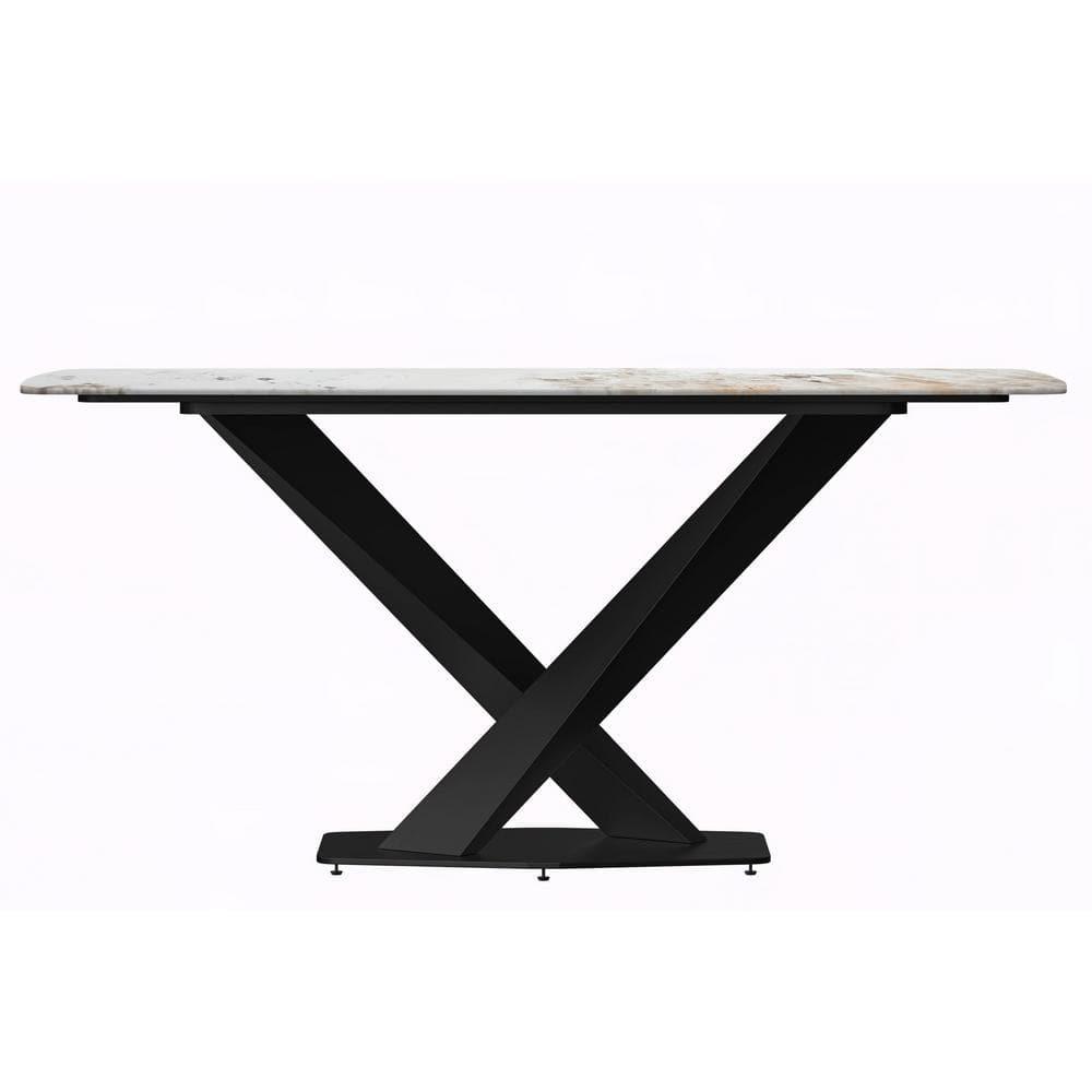 LeisureMod Voren Modern Dining Table with 62" Rectangular Sintered Stone or Glass Wide Tabletop and Black Steel Legs for Home, Kitchen, Dining or Conference Room in White Grey