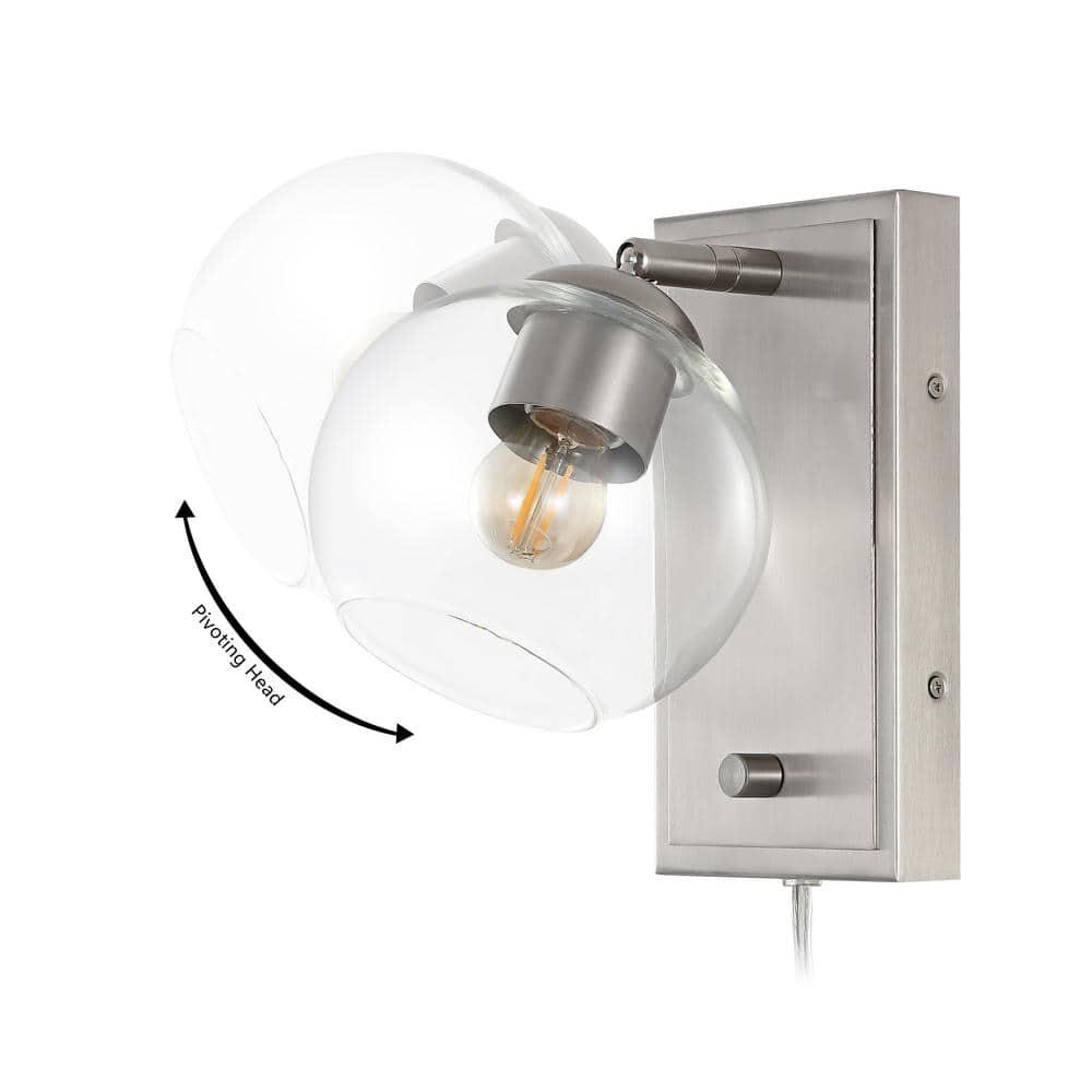 Hugo 6" 1-Light Minimalist Modern Plug-In or Hardwired Adjustable Iron LED Wall Sconce with Rotary Dimmer, Nickel with Clear Globe