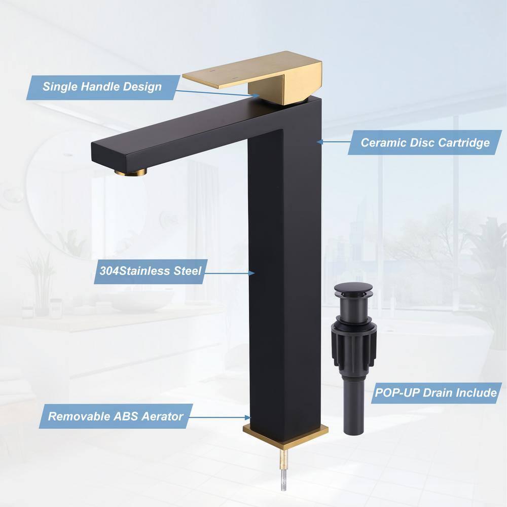 Single Handle Single Hole Bathroom Faucet with Drain Include in Black and Gold