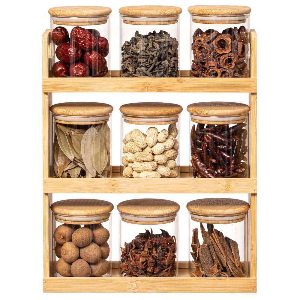 Rebrilliant Rebrilliant Versatile 3-tier Bamboo Spice Rack And Pantry Organizer With 9 Glass Jars – Perfect For Countertop Storage In Kitchens To Keep Seasoning Containers Neatly Displayed And Easily Accessible