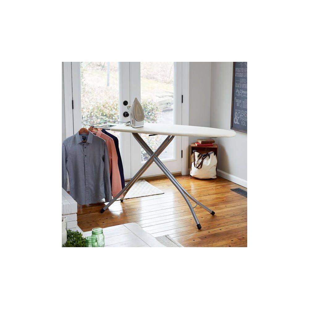 Household Essentials Wide Mega Ironing Board 4-Leg, Steel Top Pressing Station, Heat-Resistant Fiber Pad and Cotton Cover, Includes Sleeve Board and Iron Rest with Hanger Bar, Silver Frame