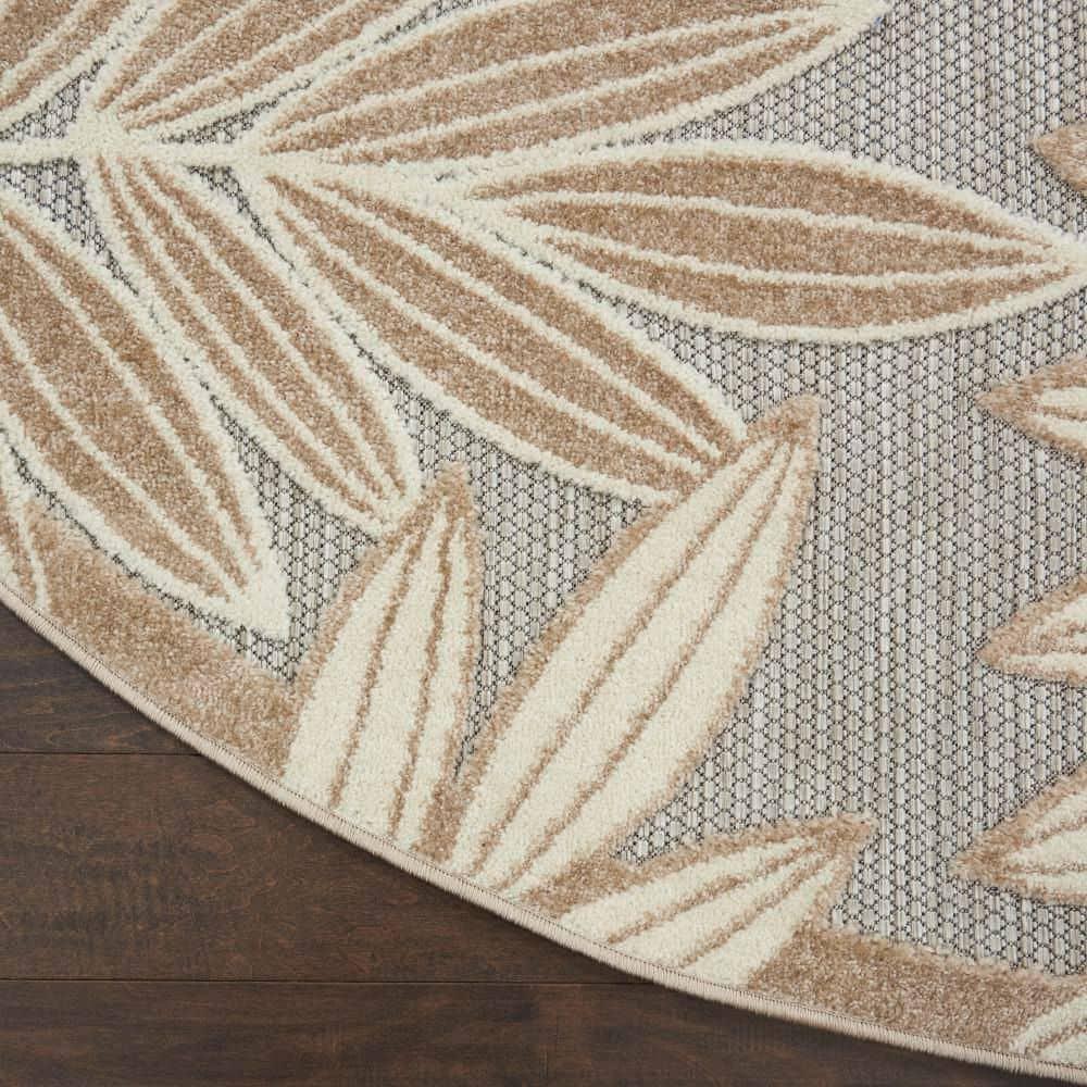 Nourison Aloha Floral Leaf Flatweave High-Low Indoor Outdoor Round Rug Natural 5'3" x 5'3"