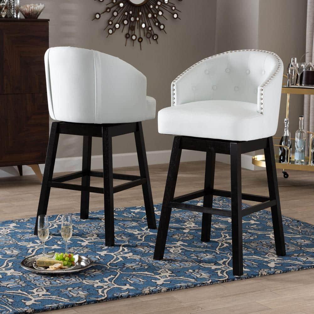 Set of 2 Avril Faux Leather Tufted Swivel Barstool with Nailhead Trim - White - Baxton Studio: Espresso Brown Legs, Rubberwood Frame