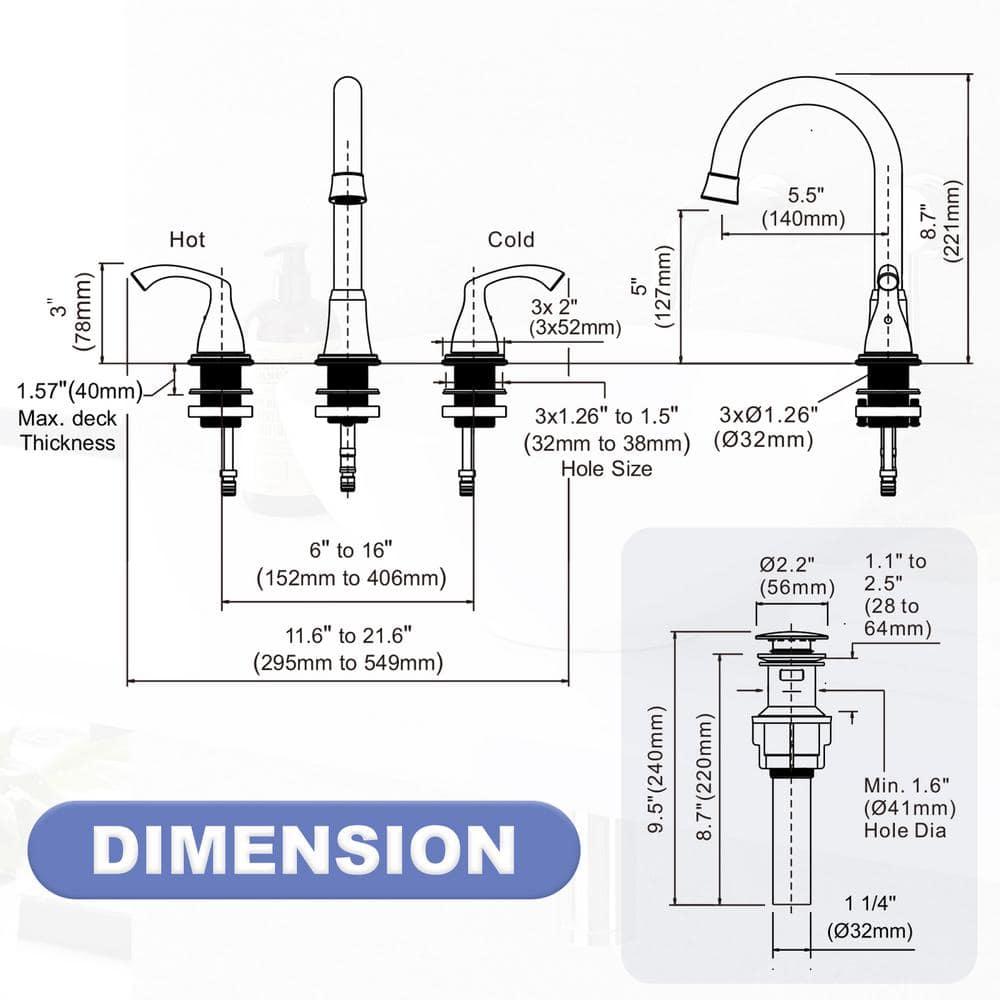 Widespread 2-handle Bathroom Faucet with Drain Assembly
